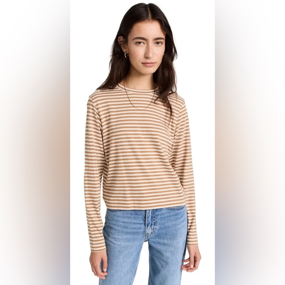 AYR Women’s Mustard and White Striped Long Sleeve Round Neck French Fry Tee Sm
